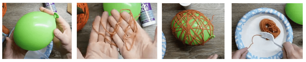 yarn pumpkins with balloons blow up balloon, cut yarn